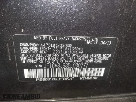 ✅ 2013 Subaru WRX WRX STI Limited • VIN: JF1GV8J68DL030777 • Lot: 42055685. Listed on IAAI with 81,896 mi. Free auction sales archive from the USA and detailed vehicle history report at DreamBid. Image 9.