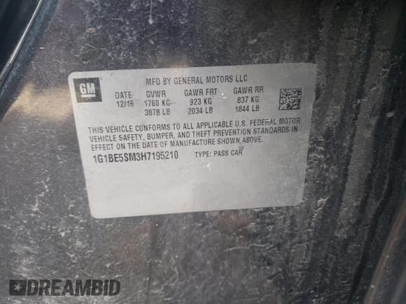 ✅ 2017 Chevrolet Cruze LT • VIN: 1G1BE5SM3H7195210 • Lot: 39457543. Listed on Copart with 89,591 mi. Free auction sales archive from the USA and detailed vehicle history report at DreamBid. Image 14.