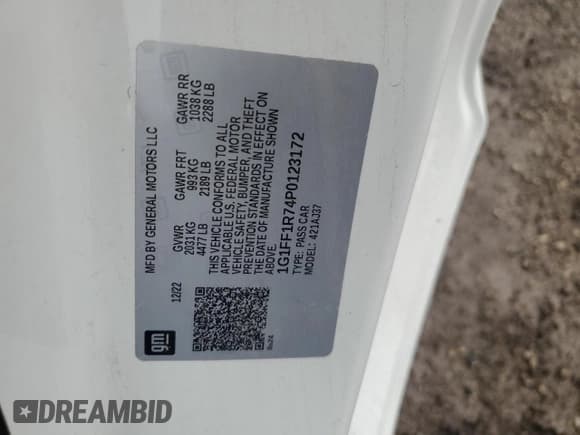 ✅ 2023 Chevrolet Camaro LT1 • VIN: 1G1FF1R74P0123172 • Lot: 50056055. Listed on Copart with Not provided. Free auction sales archive from the USA and detailed vehicle history report at DreamBid. Image 12.