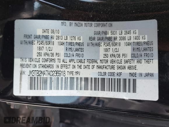 ✅ 2010 Mazda CX-9 Sport • VIN: JM3TB2MA7A0236918 • Lot: 42060510. Listed on IAAI with 201,690 mi. Free auction sales archive from the USA and detailed vehicle history report at DreamBid. Image 9.