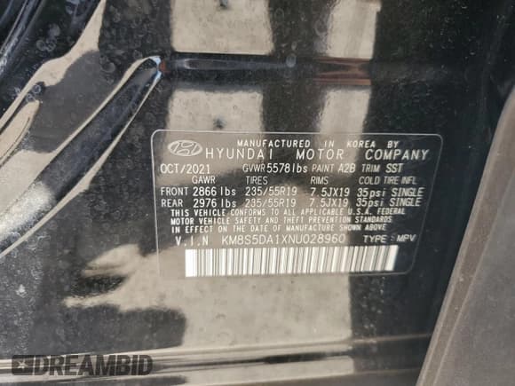 ✅ 2022 Hyundai Santa Fe Limited • VIN: KM8S5DA1XNU028960 • Lot: 82045825. Listed on Copart with 53,213 mi. Free auction sales archive from the USA and detailed vehicle history report at DreamBid. Image 13.