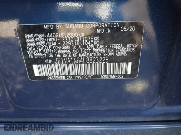 ✅ 2020 Subaru WRX Limited • VIN: JF1VA1N64L8823225 • Лот: 43370133. Опубликован ранее на IAAI с пробегом 55 510 миль. Бесплатный доступ к архиву аукционных продаж из США и подробный отчёт об истории автомобиля на DreamBid. Изображение 9.