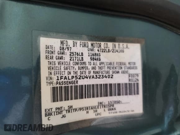 ✅ 1997 Ford Taurus GL • VIN: 1FALP52U4VA323402 • Lot: 65742235. Listed on Copart with 43,415 mi. Free auction sales archive from the USA and detailed vehicle history report at DreamBid. Image 12.