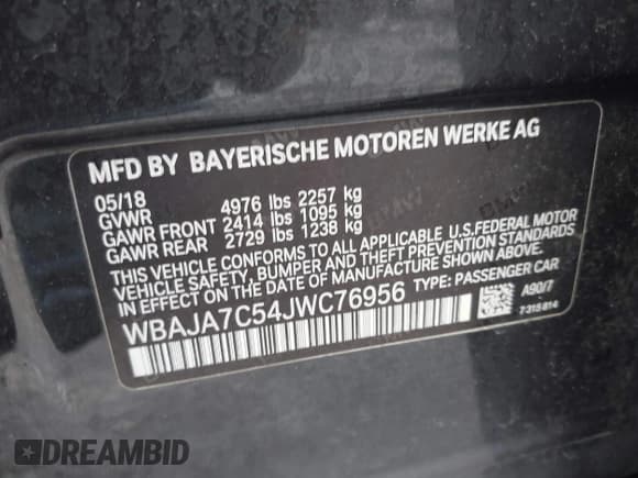 ✅ 2018 BMW 5 Series 530i xDrive • VIN: WBAJA7C54JWC76956 • Lot: 43188068. Listed on IAAI with Not provided. Free auction sales archive from the USA and detailed vehicle history report at DreamBid. Image 9.