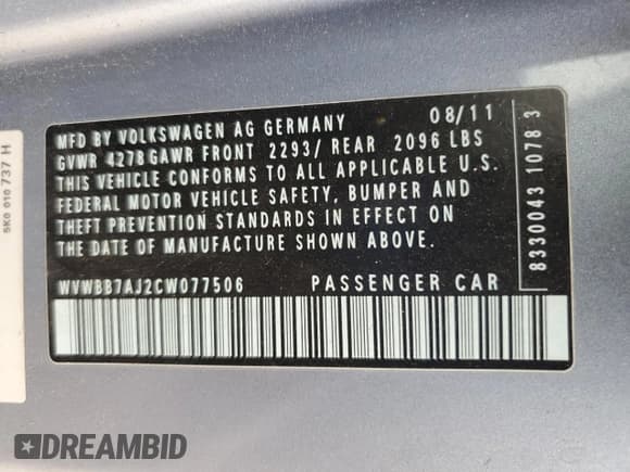 ✅ 2012 Volkswagen Golf • VIN: WVWBB7AJ2CW077506 • Lot: 81837715. Listed on Copart with 97,285 mi. Free auction sales archive from the USA and detailed vehicle history report at DreamBid. Image 13.