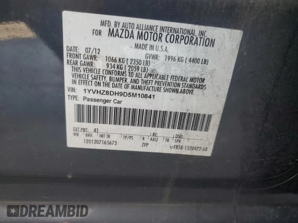 ✅ 2013 Mazda 6 i Touring • VIN: 1YVHZ8DH9D5M10841 • Lot: 85411615. Listed on Copart with 187,691 mi. Free auction sales archive from the USA and detailed vehicle history report at DreamBid. Image 12.