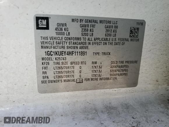 ✅ 2017 Chevrolet Silverado 2500HD Work Truck • VIN: 1GC1KUEY4HF111891 • Lot: 64458105. Wystawiony na Copart z przebiegiem 112 778 mil. Bezpłatny archiwum sprzedaży aukcyjnych z USA i szczegółowy raport historii pojazdu na DreamBid. Zdjęcie 12.