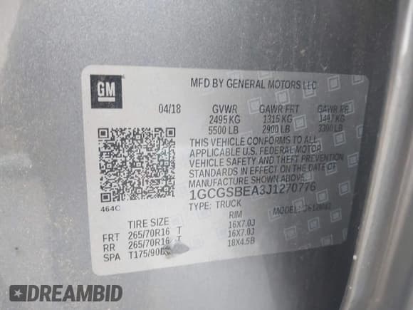 ✅ 2018 Chevrolet Colorado 2WD Work Truck • VIN: 1GCGSBEA3J1270776 • Lot: 43603450. Wystawiony na IAAI z przebiegiem 47 507 mil. Bezpłatny archiwum sprzedaży aukcyjnych z USA i szczegółowy raport historii pojazdu na DreamBid. Zdjęcie 9.