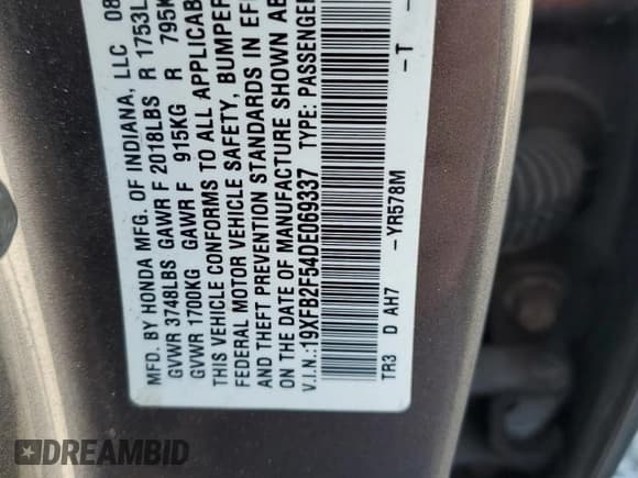 ✅ 2013 Honda Civic LX • VIN: 19XFB2F54DE069337 • Lot: 92166775. Wystawiony na Copart z przebiegiem 124 658 mil. Bezpłatny archiwum sprzedaży aukcyjnych z USA i szczegółowy raport historii pojazdu na DreamBid. Zdjęcie 12.