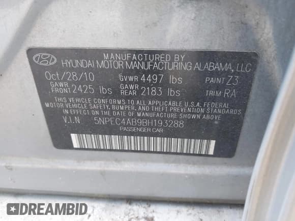 ✅ 2011 Hyundai Sonata Limited • VIN: 5NPEC4AB9BH193288 • Lot: 43180573. Listed on IAAI with 145,026 mi. Free auction sales archive from the USA and detailed vehicle history report at DreamBid. Image 9.