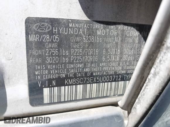2005 Hyundai Santa Fe GLS z VIN KM8SC73EX5U003712, wystawiony jako IAAI lot #42591571 z przebiegiem 133 068 mil mil oraz . Historia ofert i sprzedaży dostępna na DreamBid. Obrazek 9.