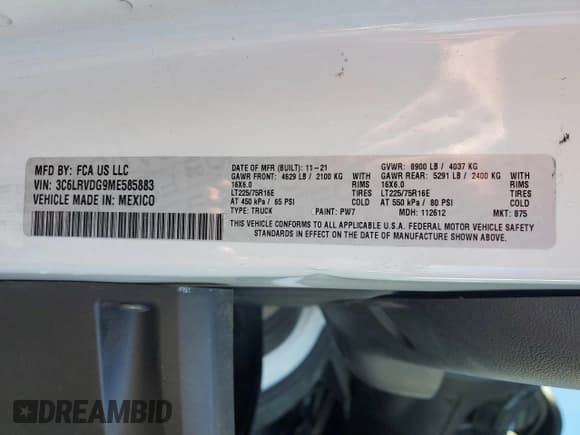 ✅ 2021 Ram ProMaster Cargo • VIN: 3C6LRVDG9ME585883 • Lot: 84910595. Listed on Copart with 108,310 mi. Free auction sales archive from the USA and detailed vehicle history report at DreamBid. Image 13.