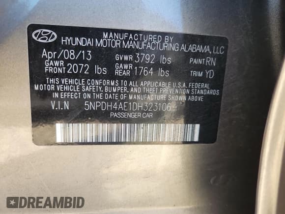 ✅ 2013 Hyundai Elantra GLS • VIN: 5NPDH4AE1DH323106 • Lot: 80867735. Listed on Copart with 196,234 mi. Free auction sales archive from the USA and detailed vehicle history report at DreamBid. Image 12.