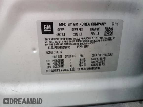 2015 Chevrolet Trax LS с VIN KL7CJPSBXFB249692, выставлен на аукционе Copart как лот 90524575 с пробегом 80 630 миль миль и Чистый • Clean title. История ставок и продаж доступна на DreamBid. Изображение 13.