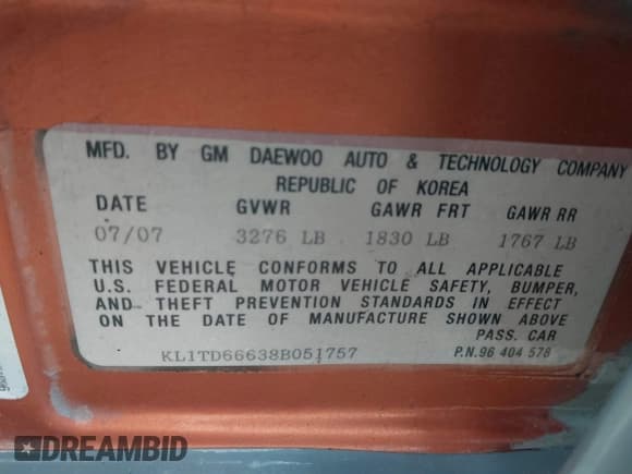 ✅ 2008 Chevrolet Aveo LS • VIN: KL1TD66638B051757 • Lot: 41195507. Wystawiony na IAAI z przebiegiem 101 034 mil. Bezpłatny archiwum sprzedaży aukcyjnych z USA i szczegółowy raport historii pojazdu na DreamBid. Zdjęcie 9.