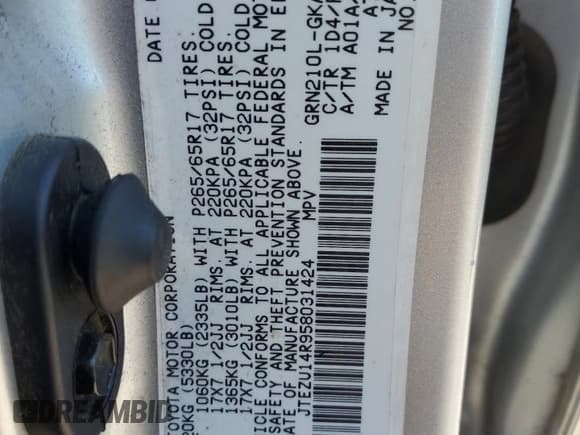 ✅ 2005 Toyota 4Runner SR5 • VIN: JTEZU14R958031424 • Лот: 86427535. Опубликован ранее на Copart с пробегом 218 780 миль. Бесплатный доступ к архиву аукционных продаж из США и подробный отчёт об истории автомобиля на DreamBid. Изображение 13.