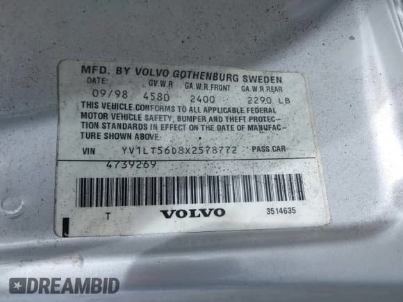 ✅ 1999 Volvo S70 • VIN: YV1LT56D8X2578772 • Лот: 42603632. Опубликован ранее на IAAI с пробегом Не указан. Бесплатный доступ к архиву аукционных продаж из США и подробный отчёт об истории автомобиля на DreamBid. Изображение 9.