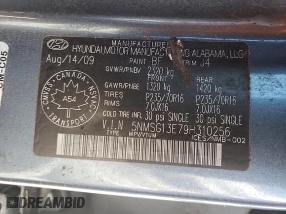 ✅ 2009 Hyundai Santa Fe GL 5Pass • VIN: 5NMSG13E79H310256 • Lot: 69088845. Listed on Copart with 203,558 mi. Free auction sales archive from the USA and detailed vehicle history report at DreamBid. Image 13.