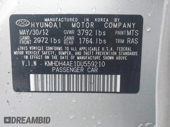 ✅ 2013 Hyundai Elantra GLS • VIN: KMHDH4AE1DU559210 • Lot: 43217612. Listed on IAAI with 106,194 mi. Free auction sales archive from the USA and detailed vehicle history report at DreamBid. Image 9.