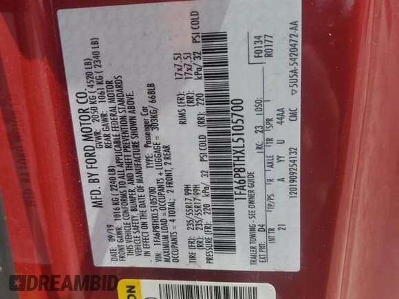 ✅ 2020 Ford Mustang EcoBoost • VIN: 1FA6P8THXL5105700 • Lot: 64900475. Wystawiony na Copart z przebiegiem 43 129 mil. Bezpłatny archiwum sprzedaży aukcyjnych z USA i szczegółowy raport historii pojazdu na DreamBid. Zdjęcie 12.