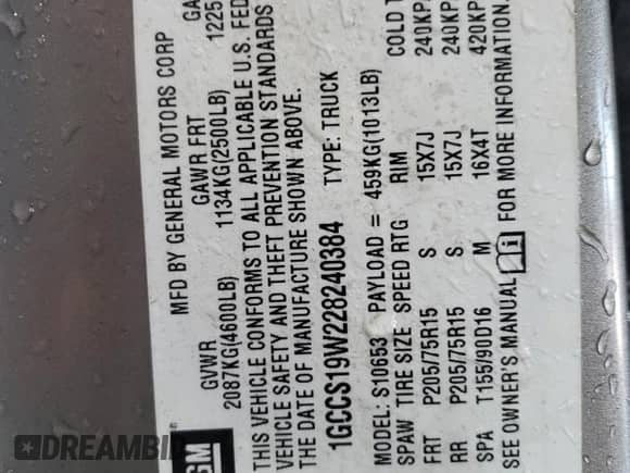 ✅ 2002 Chevrolet S-10 LS • VIN: 1GCCS19W228240384 • Lot: 86144875. Listed on Copart with 85,653 mi. Free auction sales archive from the USA and detailed vehicle history report at DreamBid. Image 12.