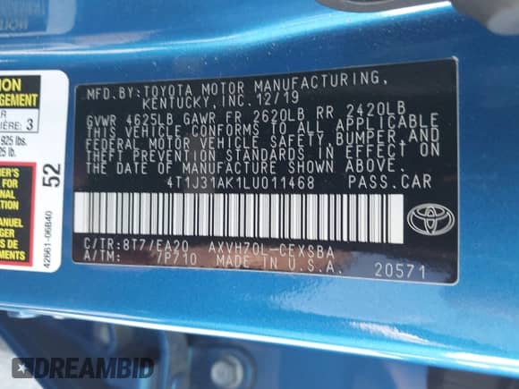 2020 Toyota Camry Hybrid SE с VIN 4T1J31AK1LU011468, выставлен на аукционе IAAI как лот 42711801 с пробегом 76 099 миль миль и . История ставок и продаж доступна на DreamBid. Изображение 9.