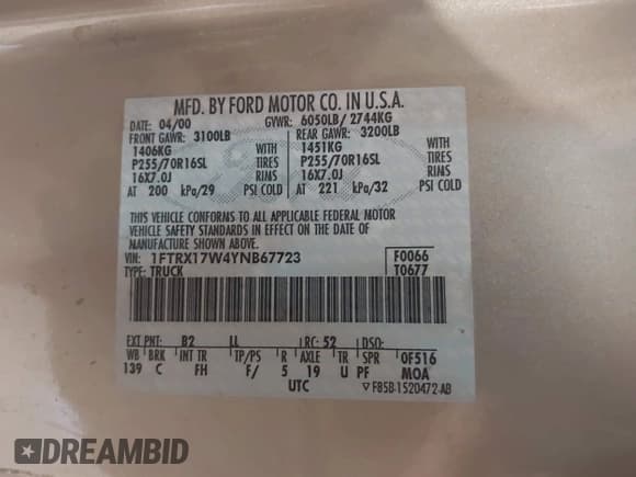 ✅ 2000 Ford F-150 XL • VIN: 1FTRX17W4YNB67723 • Lot: 43887880. Listed on IAAI with 193,537 mi. Free auction sales archive from the USA and detailed vehicle history report at DreamBid. Image 9.