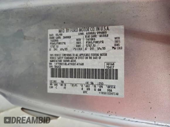 ✅ 2000 Ford F-150 XL • VIN: 1FTRX18L4YKB14168 • Lot: 93530335. Listed on Copart with Not provided. Free auction sales archive from the USA and detailed vehicle history report at DreamBid. Image 12.