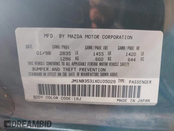 ✅ 1999 Mazda MX-5 Miata • VIN: JM1NB3531X0105029 • Lot: 42083930. Listed on IAAI with 186,885 mi. Free auction sales archive from the USA and detailed vehicle history report at DreamBid. Image 9.