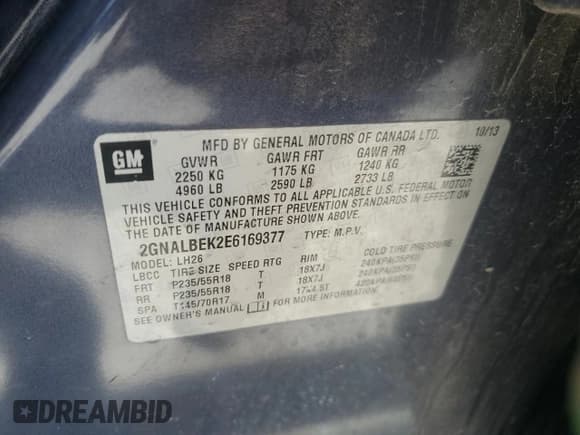 ✅ 2014 Chevrolet Equinox LT • VIN: 2GNALBEK2E6169377 • Лот: 64060385. Опубликован ранее на Copart с пробегом 153 429 миль. Бесплатный доступ к архиву аукционных продаж из США и подробный отчёт об истории автомобиля на DreamBid. Изображение 14.