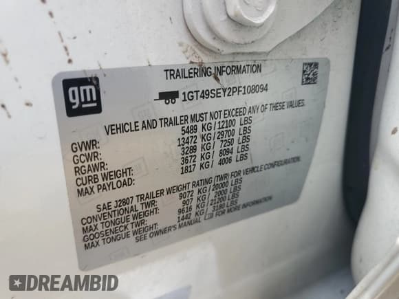 ✅ 2023 GMC Sierra 3500HD Pro • VIN: 1GT49SEY2PF108094 • Lot: 82246505. Wystawiony na Copart z przebiegiem Nie podano. Bezpłatny archiwum sprzedaży aukcyjnych z USA i szczegółowy raport historii pojazdu na DreamBid. Zdjęcie 12.