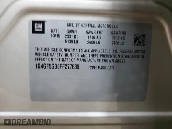 ✅ 2015 Buick LaCrosse Premium II • VIN: 1G4GF5G30FF277839 • Lot: 64738425. Listed on Copart with 117,910 mi. Free auction sales archive from the USA and detailed vehicle history report at DreamBid. Image 12.