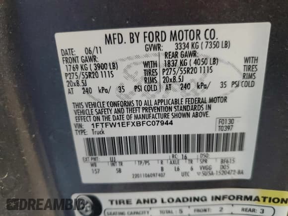 ✅ 2011 Ford F-150 XL • VIN: 1FTFW1EFXBFC07944 • Lot: 59618805. Listed on Copart with 311,003 mi. Free auction sales archive from the USA and detailed vehicle history report at DreamBid. Image 12.