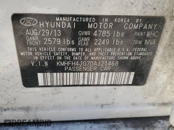 2013 Hyundai Azera z VIN KMHFH4JG7DA321468, wystawiony jako Copart lot #87069554 z przebiegiem 147 382 mil mil oraz Szkoda całkowita • Salvage title. Historia ofert i sprzedaży dostępna na DreamBid. Obrazek 12.