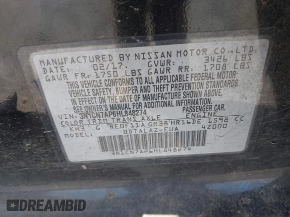 ✅ 2017 Nissan Versa S • VIN: 3N1CN7AP6HL848274 • Лот: 42852358. Опубликован ранее на IAAI с пробегом 102 583 миль. Бесплатный доступ к архиву аукционных продаж из США и подробный отчёт об истории автомобиля на DreamBid. Изображение 9.