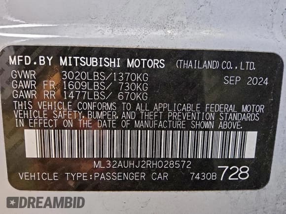 ✅ 2024 Mitsubishi Mirage ES • VIN: ML32AUHJ2RH028572 • Lot: 95461455. Listed on Copart with 18,920 mi. Free auction sales archive from the USA and detailed vehicle history report at DreamBid. Image 12.