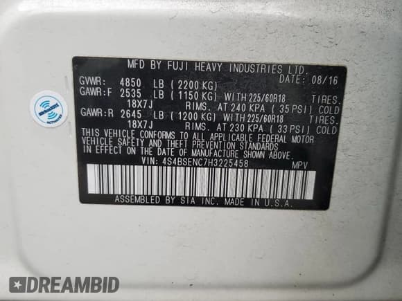 ✅ 2017 Subaru Outback Limited • VIN: 4S4BSENC7H3225458 • Lot: 60571815. Listed on Copart with 108,924 mi. Free auction sales archive from the USA and detailed vehicle history report at DreamBid. Image 13.