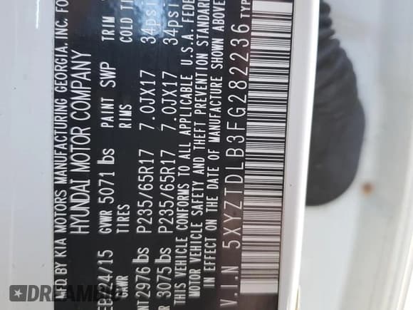 ✅ 2015 Hyundai Santa Fe • VIN: 5XYZTDLB3FG282236 • Лот: 39643403. Опубликован ранее на Copart с пробегом 124 003 миль. Бесплатный доступ к архиву аукционных продаж из США и подробный отчёт об истории автомобиля на DreamBid. Изображение 13.