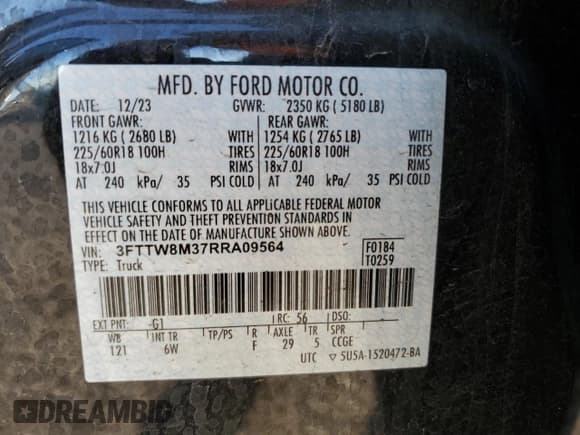 ✅ 2024 Ford Maverick Lariat • VIN: 3FTTW8M37RRA09564 • Lot: 82636705. Listed on Copart with 66,301 mi. Free auction sales archive from the USA and detailed vehicle history report at DreamBid. Image 12.