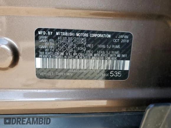 ✅ 2019 Mitsubishi Eclipse Cross ES • VIN: JA4AS3AA4KZ017416 • Lot: 71772565. Wystawiony na Copart z przebiegiem 67 939 mil. Bezpłatny archiwum sprzedaży aukcyjnych z USA i szczegółowy raport historii pojazdu na DreamBid. Zdjęcie 12.