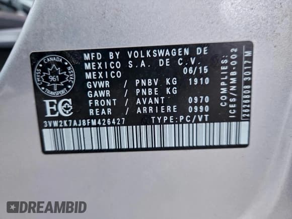 ✅ 2015 Volkswagen Jetta S • VIN: 3VW2K7AJ8FM426427 • Лот: 94433195. Опубликован ранее на Copart с пробегом 106 251 миль. Бесплатный доступ к архиву аукционных продаж из США и подробный отчёт об истории автомобиля на DreamBid. Изображение 13.