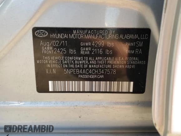 ✅ 2012 Hyundai Sonata GLS • VIN: 5NPEB4AC4CH347578 • Lot: 56111784. Listed on Copart with 134,250 mi. Free auction sales archive from the USA and detailed vehicle history report at DreamBid. Image 13.