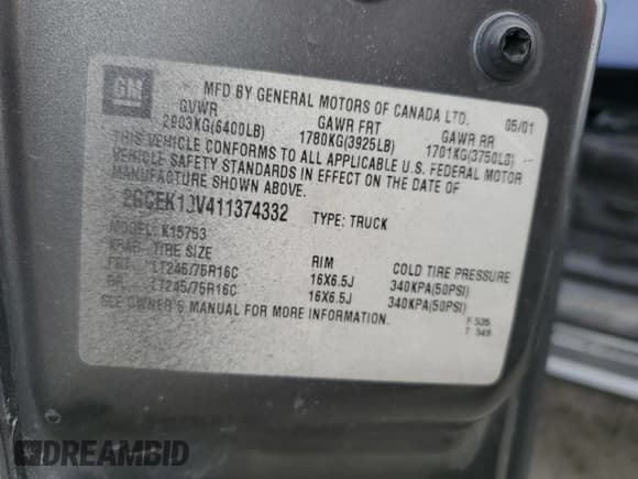 ✅ 2001 Chevrolet Silverado 1500 • VIN: 2GCEK19V411374332 • Лот: 48056375. Опубликован ранее на Copart с пробегом 218 742 миль. Бесплатный доступ к архиву аукционных продаж из США и подробный отчёт об истории автомобиля на DreamBid. Изображение 12.