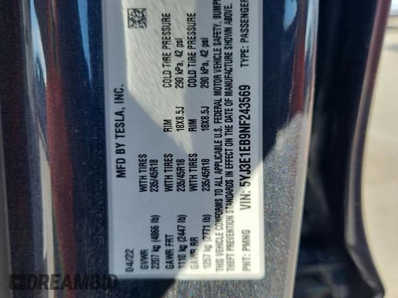 ✅ 2022 Tesla Model 3 Long Range • VIN: 5YJ3E1EB9NF243569 • Lot: 70670055. Wystawiony na Copart z przebiegiem Nie podano. Bezpłatny archiwum sprzedaży aukcyjnych z USA i szczegółowy raport historii pojazdu na DreamBid. Zdjęcie 12.