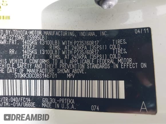 ✅ 2011 Toyota Sienna LE • VIN: 5TDKK3DC0BS146701 • Lot: 43435089. Listed on IAAI with 362,207 mi. Free auction sales archive from the USA and detailed vehicle history report at DreamBid. Image 9.