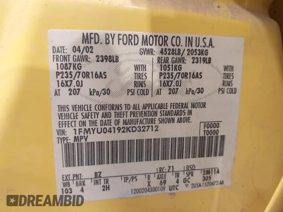 ✅ 2002 Ford Escape XLT Choice • VIN: 1FMYU04192KD32712 • Lot: 42899776. Wystawiony na IAAI z przebiegiem 193 535 mil. Bezpłatny archiwum sprzedaży aukcyjnych z USA i szczegółowy raport historii pojazdu na DreamBid. Zdjęcie 9.