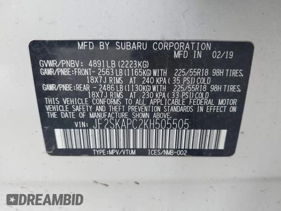 ✅ 2019 Subaru Forester Special Sports • VIN: JF2SKAPC2KH505505 • Lot: 43580848. Listed on IAAI with 87,421 mi. Free auction sales archive from the USA and detailed vehicle history report at DreamBid. Image 9.