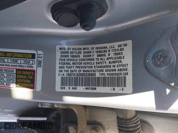 ✅ 2009 Honda Civic DX-VP • VIN: 19XFA16359E035605 • Лот: 43576176. Опубликован ранее на IAAI с пробегом Не указан. Бесплатный доступ к архиву аукционных продаж из США и подробный отчёт об истории автомобиля на DreamBid. Изображение 9.