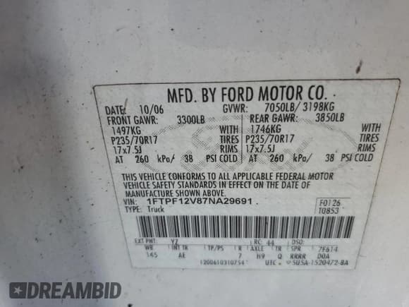 ✅ 2007 Ford F-150 XL • VIN: 1FTPF12V87NA29691 • Лот: 84632185. Опубликован ранее на Copart с пробегом 178 059 миль. Бесплатный доступ к архиву аукционных продаж из США и подробный отчёт об истории автомобиля на DreamBid. Изображение 12.