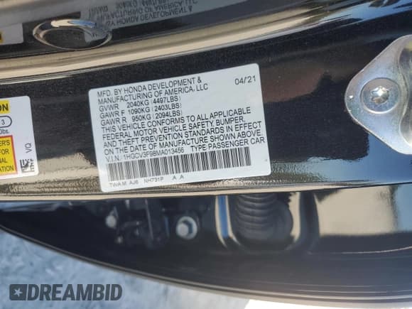 ✅ 2021 Honda Accord Touring • VIN: 1HGCV3F98MA013456 • Lot: 86236875. Listed on Copart with 84,789 mi. Free auction sales archive from the USA and detailed vehicle history report at DreamBid. Image 13.